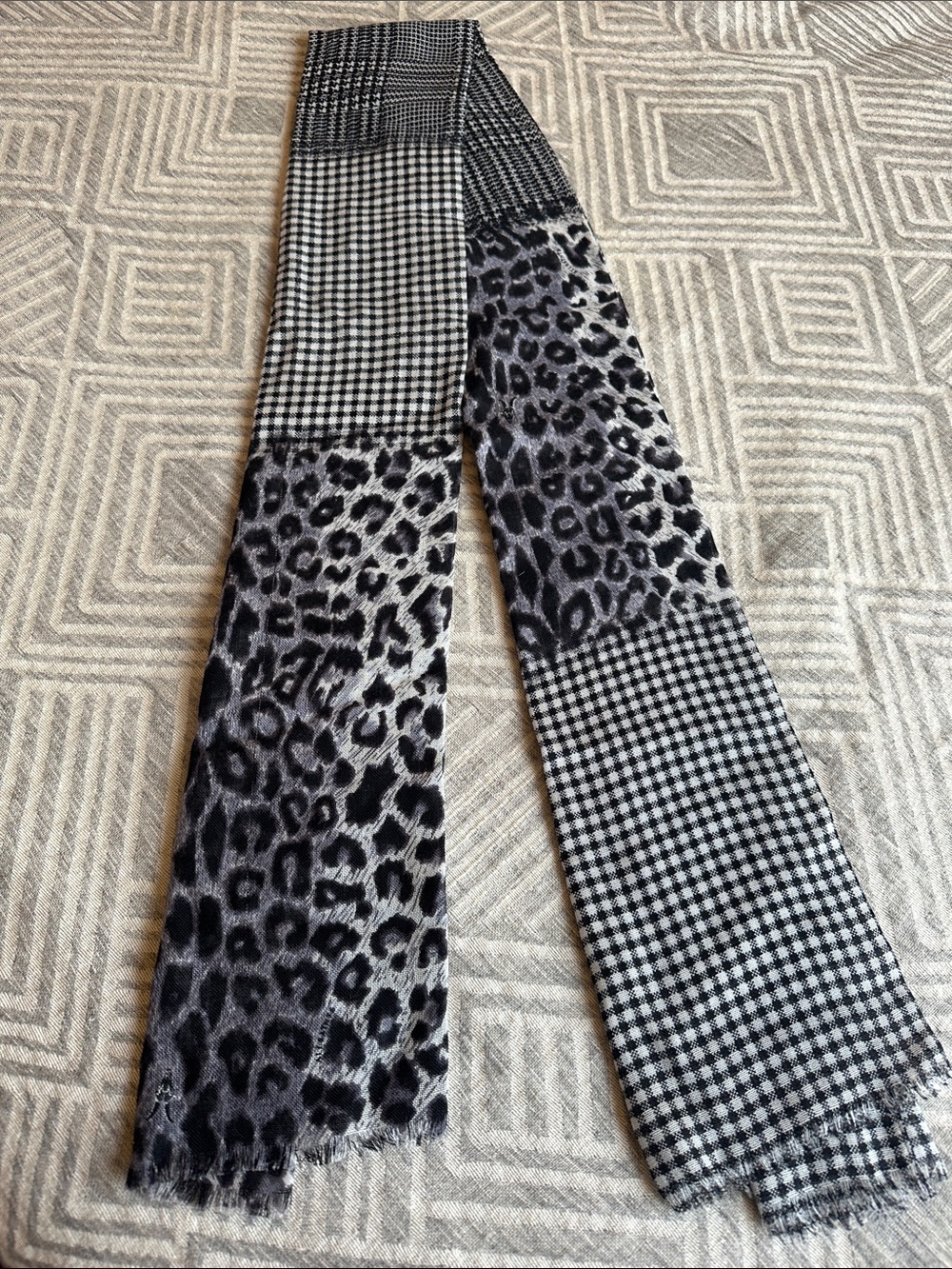 All Saints Black & Gray Leopard Patchwork Scarf